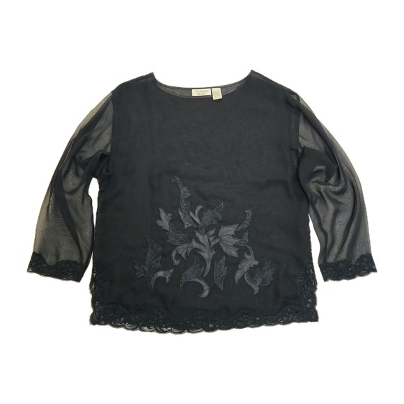 Victoria's Secret Tops - Vintage Victorias Secret Black Sheer Floral Embroidered Lace Trim Blouse‎ Top L
